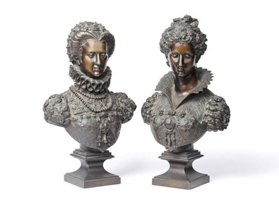 Lot 1161 - French School: A Pair of Bronze Busts of Late Renaissance Queens, each with forward gaze and...