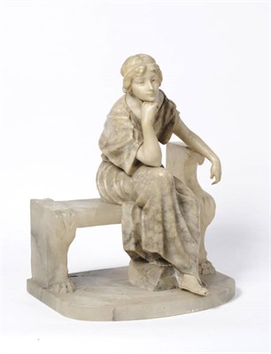 Lot 1182 - Puoli (Italian), circa 1900: A Carved Marble and Alabaster Figure of a Young Woman, seated on a...