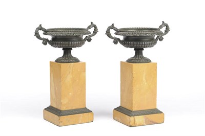 Lot 1185 - A Pair of Grand Tour Bronze Miniature Campana Urns, on Sienna Yellow Marble Stands, 19th...