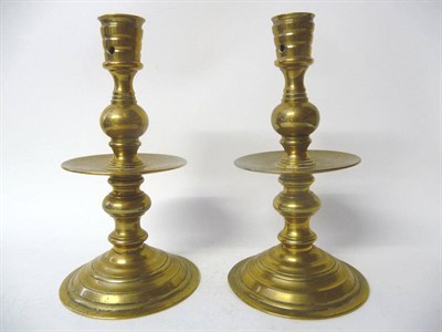 Lot 1188 - A Pair of Dutch Heemskirk Type Candlesticks in Mid 17th Century Style, the grooved bucket shape...