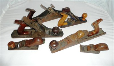 Lot 1049 - Six Metal Bodied Woodworking Planes, comprising 16inch and 13inch panel planes, both with brass...