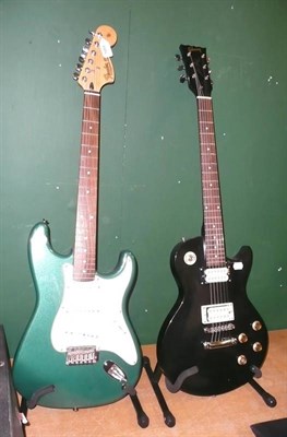 Lot 1060 - A Stratocaster Style Guitar, with metallic green finish; A Gibson Les Paul Style Guitar, with black