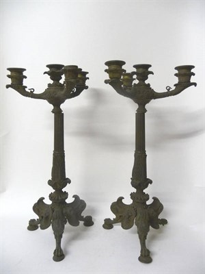 Lot 1193 - A Pair of Bronze Three-Branch Four-Light Neo-Classical Table Candelabra, probably French, circa...