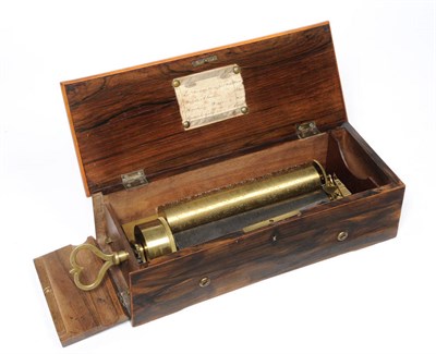 Lot 1098 - A 19th Century Swiss Rosewood Key Wind Cylinder Musical Box, the 20cm brass cylinder and single...