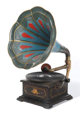 Lot 1099 - A Wooden Table Top Horn Gramophone, with ornate gilt painted cast iron arm, 'Pianina' grand concert