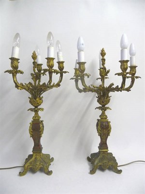 Lot 1199 - A Pair of French Boulle-Work and Ormolu Five-Light Electroliers, circa 1900, of square section vase