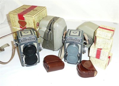 Lot 1131 - Rolleiflex Cameras and Accessories, comprising a 4x4 grey Baby Rolleiflex no.2050584, with...