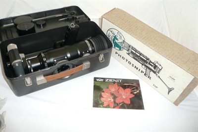 Lot 1135 - A Zenit Photo Sniper FS-3 Camera Outfit, with chrome ES camera no.75350702, Tair 3AS f4.5/300mm...