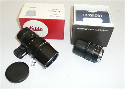 Lot 1142 - Two Boxed Leica Bayonet Mount Lenses:- Elmarit -M f2.8/90mm lens no.3711238, with passport, in...
