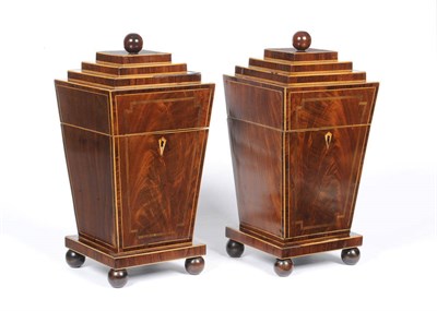 Lot 1203 - A Pair of Mahogany, Rosewood and Boxwood Strung Knife Boxes, circa 1825, each of tapered square...