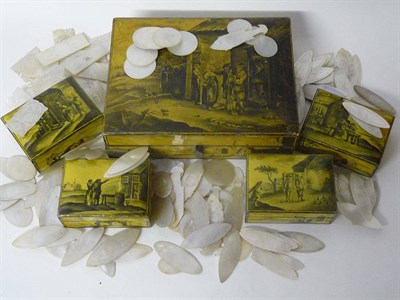 Lot 1205 - A Regency Penwork Counters Box, circa 1810, rectangular, the lid painted after David Teniers...