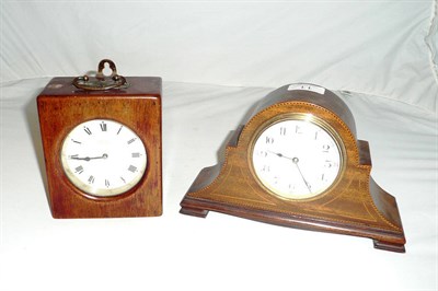 Lot 11 - Mahogany inlaid mantel timepiece and a travelling clock