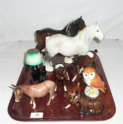Lot 18 - Two Beswick shire horses, three foals, donkey (a.f.), owl, wren and a Japanese 'Evanus' cat and...