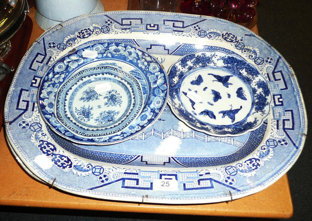 Lot 25 - Two large blue and white meat dishes and three blue and white plates