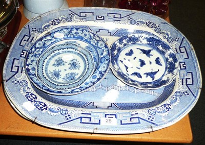 Lot 25 - Two large blue and white meat dishes and three blue and white plates