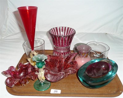 Lot 26 - Tray of assorted coloured glassware and two glass coolers