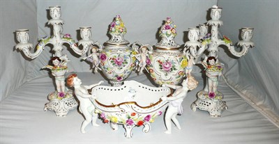 Lot 33 - Quantity of Dresden-type china including a pair of vases and covers, pair of candlesticks and a...