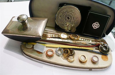 Lot 61 - A silver blotter, an interchangeable watch, silver cuff-links, a silver ingot, a compact, etc