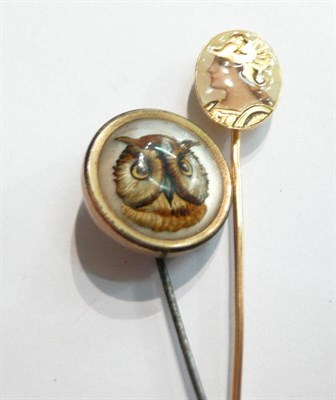 Lot 66 - An owl and centurions head stick pin