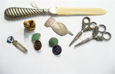 Lot 71 - Silver page marker, enamel and silver buttons, page turner, etc
