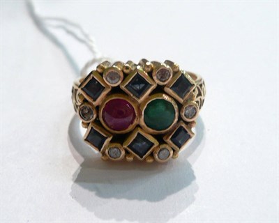Lot 75 - Indian gold, ruby, emerald, sapphire and diamond ring