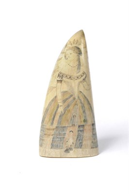 Lot 1213 - A Scrimshaw Sperm Whale Tooth, probably mid 19th century, engraved with a young woman wearing a...