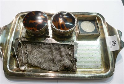 Lot 86 - Silver dressing table tray, pair of circular boxes, mesh purse and coin