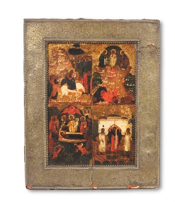 Lot 1219 - A Russian Icon, circa 1800, divided into four parts, showing the Entry into Jerusalem, the...