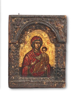 Lot 1220 - A Greek Icon of the Hodgeteria, the Virgin and Child painted in colours against a gilt ground,...