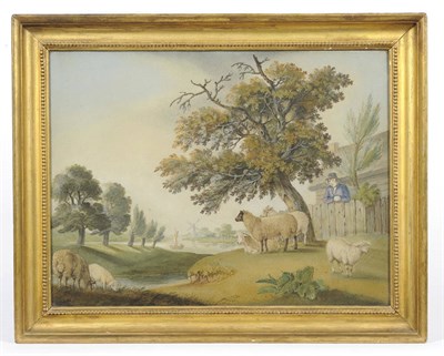 Lot 1225 - A Sand Picture in the Manner of Benjamin Zobel, early 19th century, depicting a cottager leaning on