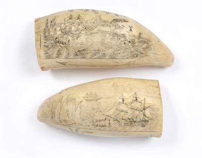 Lot 1226 - A Scrimshaw Sperm Whale Tooth, probably 19th century, engraved on one side with a whale hunting...