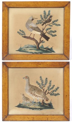 Lot 1229 - A Pair of Bird Feather Collage Pictures, circa 1840, one depicting a little bustard and a chick...