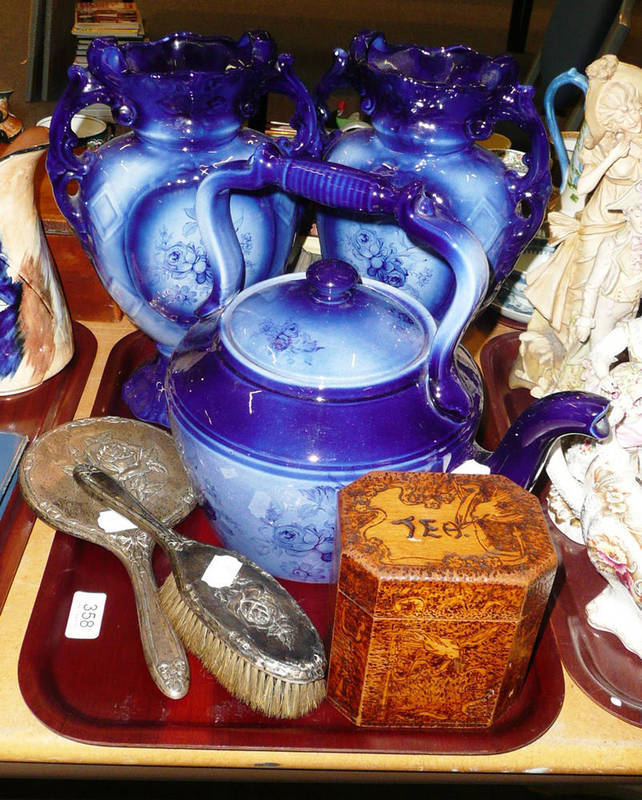 Lot 358 - Pair of blue slip cast vases, a kettle and cover, one silver mirror, a brush and a pokerwork...