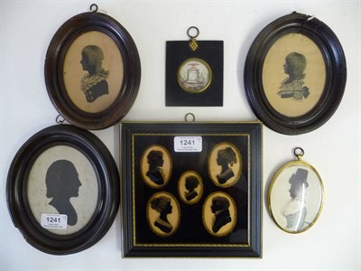 Lot 1241 - A Group of Six Silhouettes and Miniatures, 19th/20th century, including a Swiss family group,...