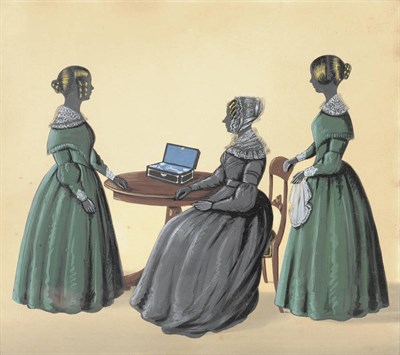 Lot 1252 - A Silhouette Family Group, circa 1840, depicting a mother and her two daughters, seated and...