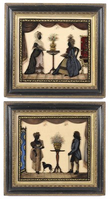 Lot 1260 - Follower of Francis Torond: A Pair of Reverse Painted Glass Profile Family Groups, circa 1900,...