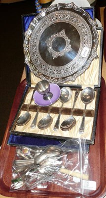 Lot 2 - Set of five silver spoons, matched set of five silver teaspoons, plated salver, plated...