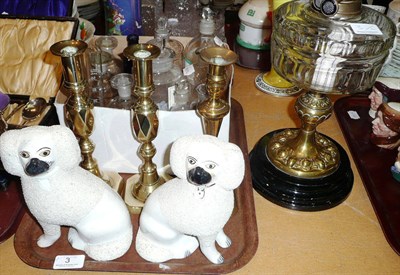 Lot 3 - Victorian oil lamp, brass candlesticks, pair of Staffordshire dogs and chemist's jars