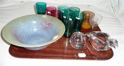 Lot 5 - Vasart glass bowl, Kosta glass paperweight, green glass beakers etc