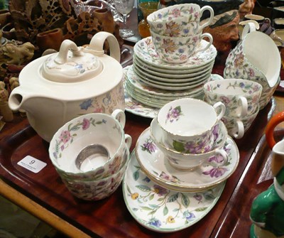 Lot 9 - Minton Haddon Hall tea set, Poole teapot, two cups and saucers and three silver napkin rings
