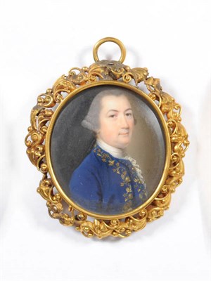 Lot 1279 - English School, initialled JS 1766: Miniature Portrait of a Gentleman, his powdered grey hair...