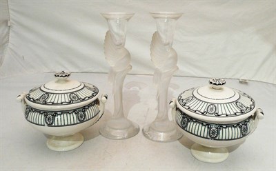 Lot 24 - Two Faberge glass candlesticks and two small Wedgwood tureens