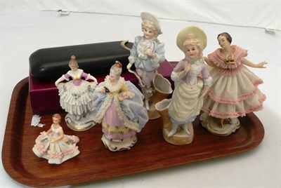 Lot 27 - Four Dresden crinoline figures, a pair of biscuit figures and an Asprey cigar case