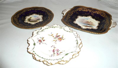 Lot 36 - Two Coalport cabinet plates - 'Loch Tay' and 'Bamboro' Castle' (a.f.) and two Royal Crown Derby...
