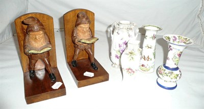 Lot 38 - A pair of Gnome bookends and four Continental vases
