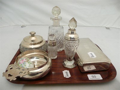 Lot 50 - Silver Porringer, two cut glass scent bottle and stopper with silver collar, silver mounted...