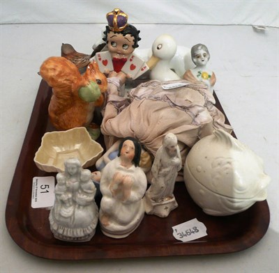 Lot 51 - Tray including two china half dolls, Wade betty boo figure, miniature Staffordshire groups,...