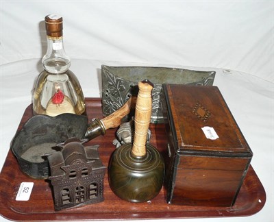 Lot 52 - Two division inlaid tea caddy, embossed oval planter, musical bottle, money box etc