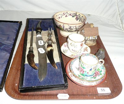 Lot 55 - Brass scales, cased horn handle carving set, 'Melbourne' pottery bowl and other ceramics, etc