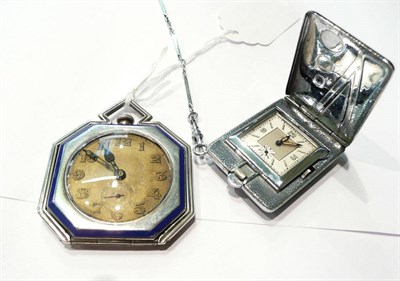 Lot 63 - An Art Deco enamel pocket watch stamped '925' and an Art Deco chrome fob watch